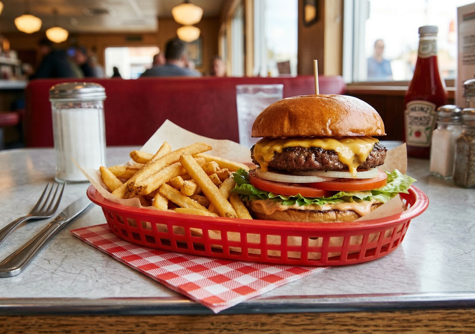 Hamburger at Sunny Side Diner